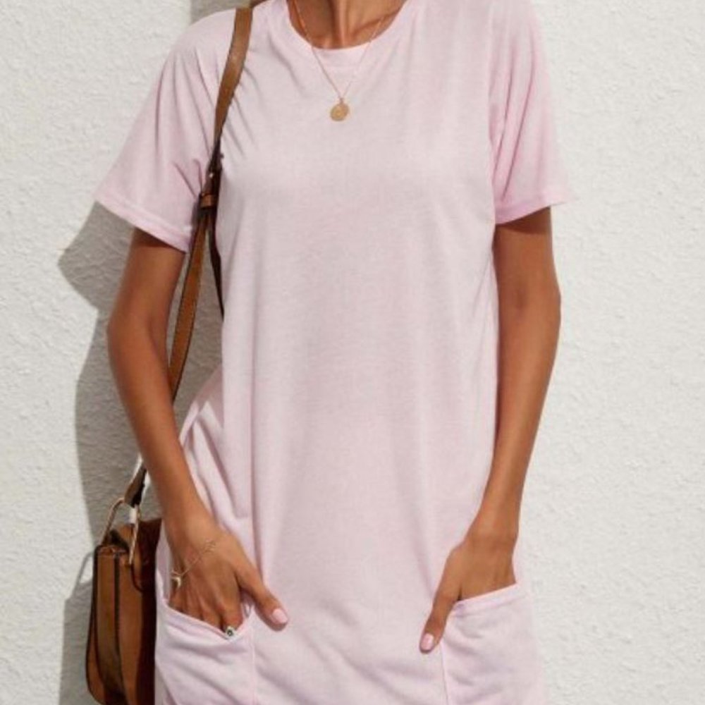Pink Pocket Short-Sleeve T-Shirt Dress